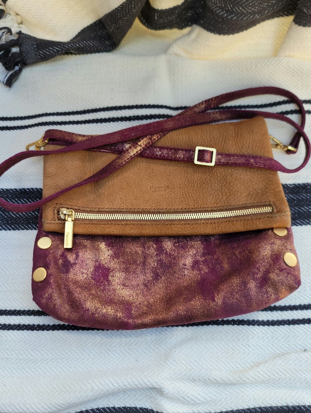 Hammit Leather Fold-Over Crossbody Bag in Brown and Plum with Gold Accents